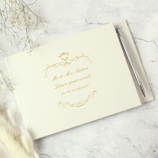 Personalised Gold Ornate Swirl Hardback Guest Book & Pen